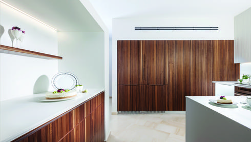 . במטבח נקי שפתוח לסלון עוצבו חזיתות מעץ אגוז אמריקאי, למראה המשכי מסוגנן. צילום: אלעד גונן